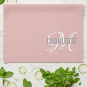 Elegant blush pink monogram name kitchen towel