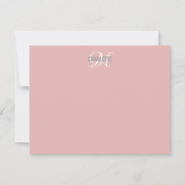 Elegant blush pink monogram name note card (Front)