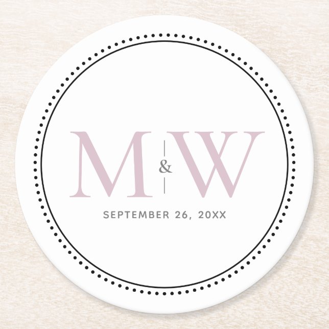 Elegant Blush Pink Monogram Wedding Round Paper Coaster (Front)