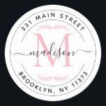 Elegant Blush Pink Monogram Wreath Return Address  Classic Round Sticker<br><div class="desc">Create Your Own Round Monogram Script Return Address Classic Round Sticker</div>