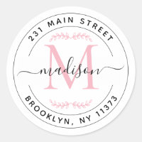 Elegant Blush Pink Monogram Wreath Return Address