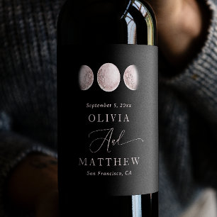 Elegant Blush Pink Moon   Black Celestial Wedding Wine Label
