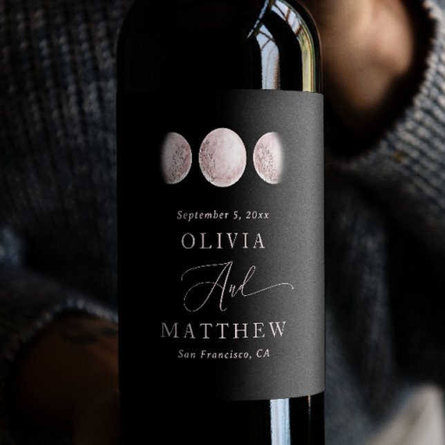 Elegant Blush Pink Moon | Black Celestial Wedding Wine Label (Creator Uploaded)