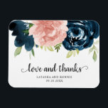 Elegant Blush Pink Navy Blue Floral Wedding Favor Magnet<br><div class="desc">Rustic floral wedding favor magnet featuring "love and thanks" along with elegant watercolor painted flowers in blush pink and navy blue. Below are your names and date. The blush pink roses make this design great for a spring celebration and the navy blue roses make it great for fall. These custom...</div>