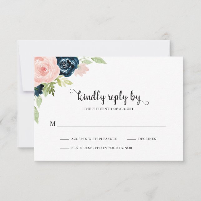 Elegant Blush Pink Navy Blue Floral Wedding RSVP Card (Front)