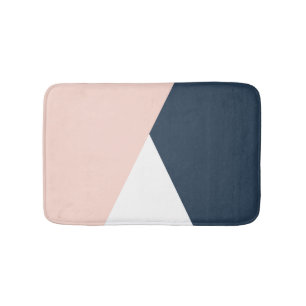 Elegant blush pink & navy blue geometric triangles bath mat