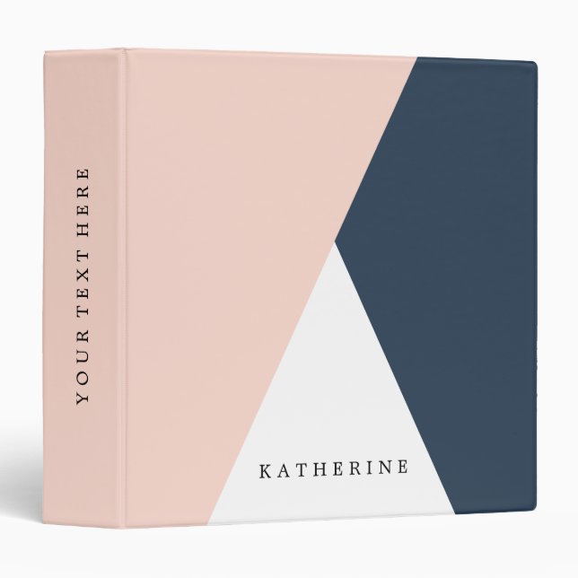 Elegant blush pink & navy blue geometric triangles binder (Front/Spine)