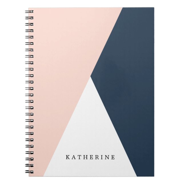 Elegant blush pink & navy blue geometric triangles notebook (Front)