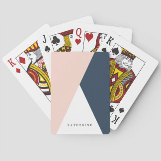 Elegant blush pink & navy blue geometric triangles playing cards