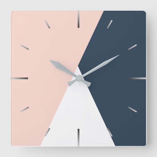 Elegant blush pink & navy blue geometric triangles square wall clock (Front)