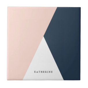 Elegant blush pink & navy blue geometric triangles tile
