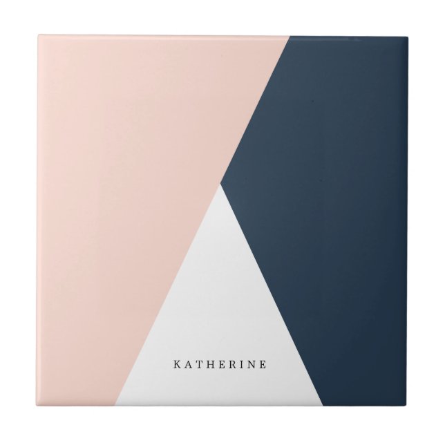 Elegant blush pink & navy blue geometric triangles tile (Front)