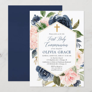 Elegant blush pink navy girl first holy communion invitation
