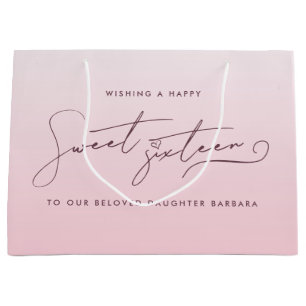 Elegant Blush Pink Ombre Script Sweet Sixteen  Large Gift Bag