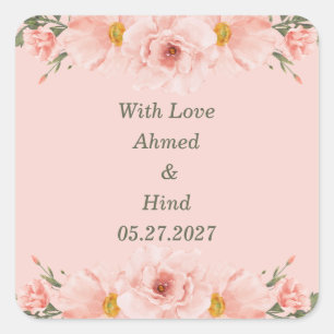 Elegant Blush Pink Peach Floral Wedding Favour Square Sticker