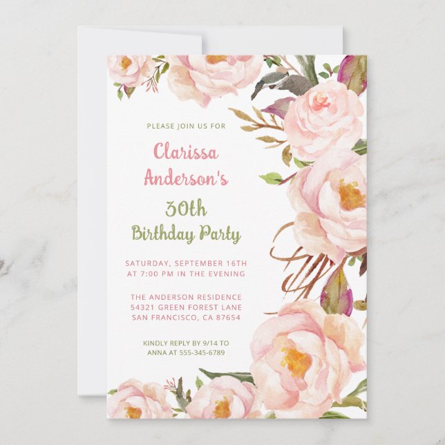 Elegant Blush Pink Peony 30th Birthday Invitation (Front)