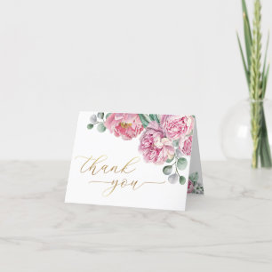 Elegant Blush Pink Peony and Gold Greenery Baby Sh Thank You Card