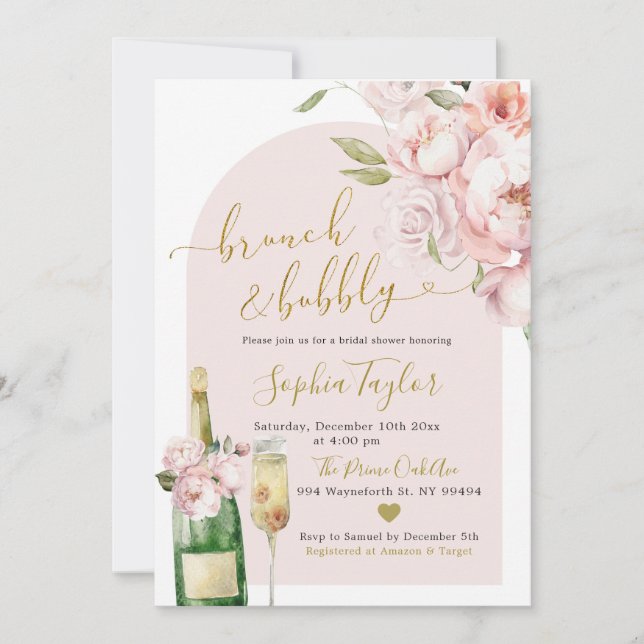 Elegant Blush Pink Peony Floral Brunch and Bubbly Invitation (Front)