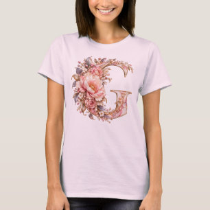 Elegant Blush Pink Peony Floral Monogram Letter G T-Shirt