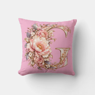 Elegant Blush Pink Peony Floral Monogram Letter G Throw Pillow