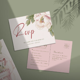 Elegant Blush Pink Peony Flower RSVP Postcard