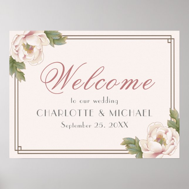 Elegant Blush Pink Peony Flowers Wedding Welcome Poster (Front)