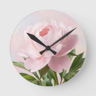Elegant Blush Pink Peony Realistic Floral Round Clock