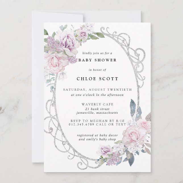 Elegant Blush Pink Purple Floral Baby Shower Invitation (Front)