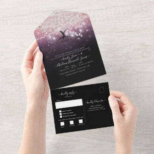 Elegant Blush Pink Purple Heart Leaf Tree Wedding All In One Invitation