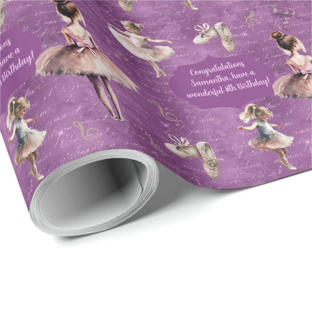 Elegant Blush Pink Purple Name Age Text Ballet Wrapping Paper (Roll Corner)