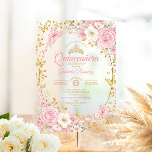 Elegant Blush Pink Quinceañera Golden Butterfly  Acrylic Invitations