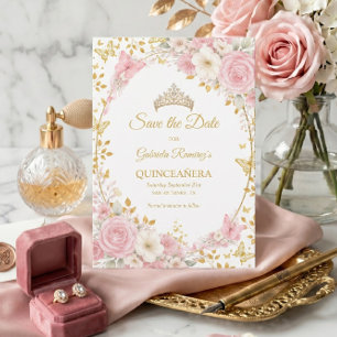 Elegant Blush Pink Quinceañera Golden Butterfly Save The Date