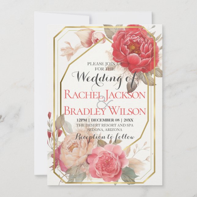 Elegant Blush Pink Red Peony Wedding Gold Frame  Invitation (Front)