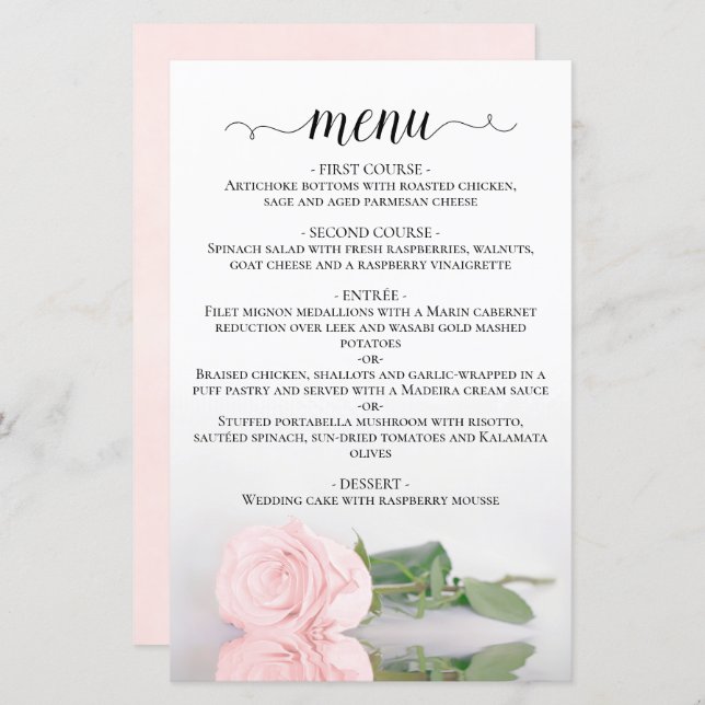 Elegant Blush Pink Rose Budget Wedding Menu (Front/Back)