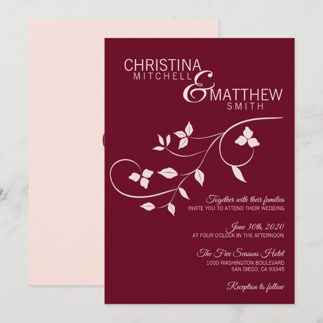 Elegant Blush Pink Rose Burgundy Wine Vine Wedding Invitation (Front/Back)