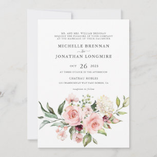 Elegant Blush Pink Rose Classic Watercolor Wedding Invitation