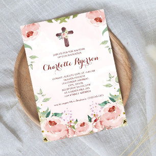Elegant Blush Pink Rose Floral Baptism Invitation