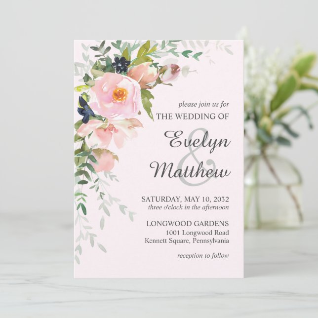 Elegant Blush Pink Rose Floral Botanical Wedding Invitation (Standing Front)