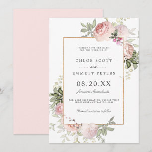 Elegant Blush Pink Rose Floral Save the Date Card