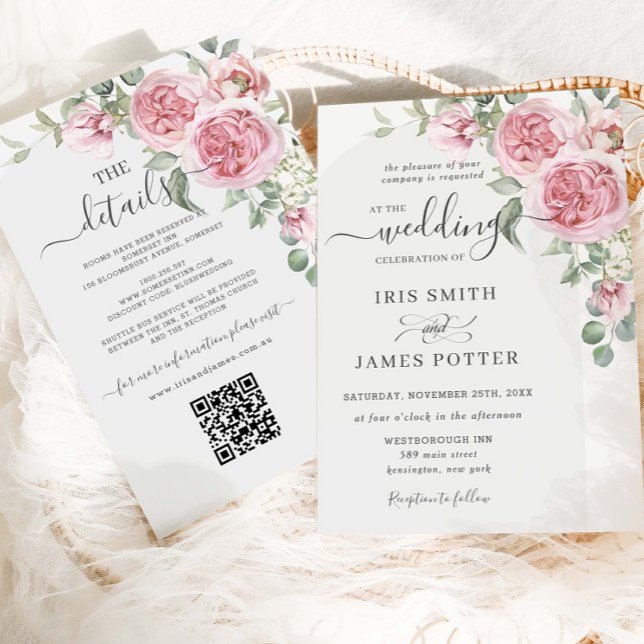 Elegant Blush Pink Rose Floral Wedding Details QR  Invitation (Creator Uploaded)