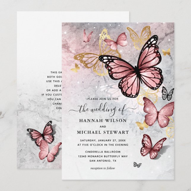 Elegant Blush Pink Rose Gold Butterfly Wedding Invitation (Front/Back)