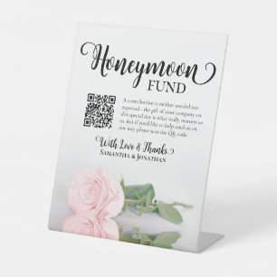 Elegant Blush Pink Rose Honeymoon Fund QR Code Pedestal Sign
