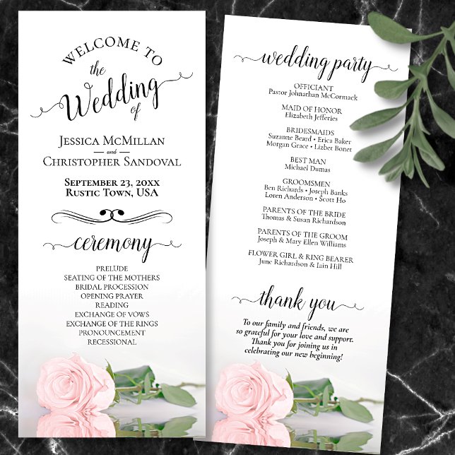 Elegant Blush Pink Rose Simple Romantic Wedding Program (Front and Back)