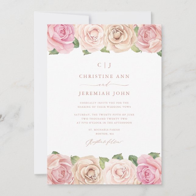 Elegant Blush Pink Rose Watercolor Floral Wedding Invitation (Front)