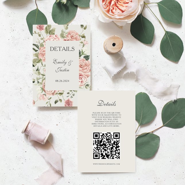 Elegant Blush Pink Rose Wedding QR code Details Enclosure Card (Creator Uploaded)