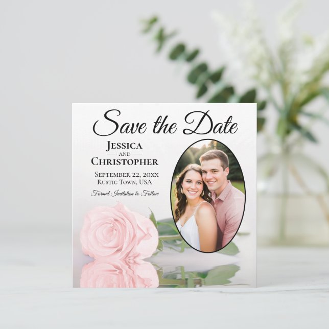 Elegant Blush Pink Rose with Oval Photo Wedding Save The Date (Standing Front)