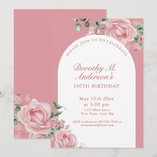 Elegant Blush Pink Roses 100th Birthday Party Invitation
