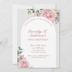 Elegant Blush Pink Roses 80th Birthday Party  Invitation
