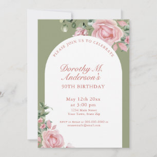 Elegant Blush Pink Roses 90th Birthday Party  Invitation