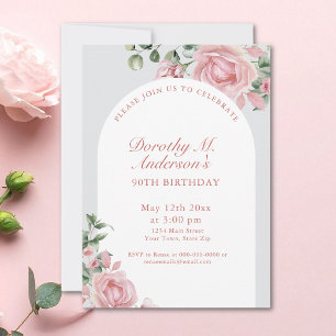 Elegant Blush Pink Roses 90th Birthday Party  Invitation